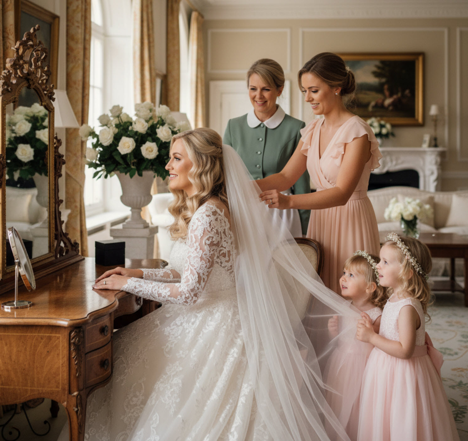 Flower girls with their nanny at a wedding