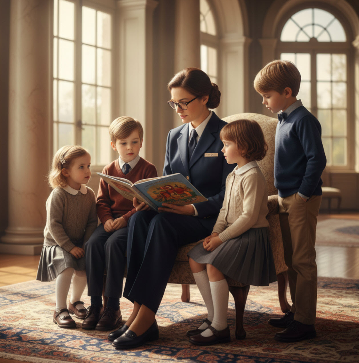 A nanny with children at a wedding